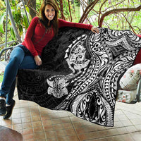 Hawaiian Manta Ray and Hammerhead Shark Tribal Tattoo Quilt with Polynesian Tribal Pattern Black-White Color
