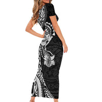 Hawaiian Manta Ray and Hammerhead Shark Tribal Tattoo Short Sleeve Bodycon Dress with Polynesian Tribal Pattern Black-White Color LT03 - Polynesian Pride