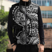 Hawaiian Manta Ray and Hammerhead Shark Tribal Tattoo Sleeveless Puffer Jacket with Polynesian Tribal Pattern Black-White Color