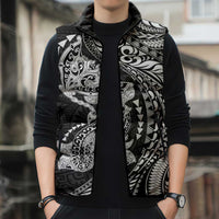 Hawaiian Manta Ray and Hammerhead Shark Tribal Tattoo Sleeveless Puffer Jacket with Polynesian Tribal Pattern Black-White Color