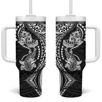 Hawaiian Manta Ray and Hammerhead Shark Tribal Tattoo Tumbler With Handle with Polynesian Tribal Pattern Black-White Color LT03 One Size: 40 oz Multicolor - Polynesian Pride