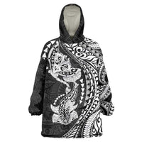 Hawaiian Manta Ray and Hammerhead Shark Tribal Tattoo Wearable Blanket Hoodie with Polynesian Tribal Pattern Black-White Color LT03 One Size Multicolor - Polynesian Pride