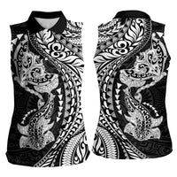 Hawaiian Manta Ray and Hammerhead Shark Tribal Tattoo Women Sleeveless Polo Shirt with Polynesian Tribal Pattern Black-White Color LT03 - Polynesian Pride