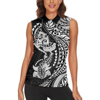 Hawaiian Manta Ray and Hammerhead Shark Tribal Tattoo Women Sleeveless Polo Shirt with Polynesian Tribal Pattern Black-White Color LT03 - Polynesian Pride