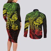 Hawaiian Manta Ray and Hammerhead Shark Tribal Tattoo Couples Matching Long Sleeve Bodycon Dress and Long Sleeve Button Shirt with Polynesian Tribal Pattern Reggae Style LT03 - Polynesian Pride