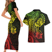 Hawaiian Manta Ray and Hammerhead Shark Tribal Tattoo Couples Matching Short Sleeve Bodycon Dress and Hawaiian Shirt with Polynesian Tribal Pattern Reggae Style LT03 - Polynesian Pride