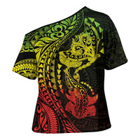 Hawaiian Manta Ray and Hammerhead Shark Tribal Tattoo Cross Shoulder Shirt with Polynesian Tribal Pattern Reggae Style LT03 - Polynesian Pride