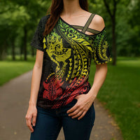 Hawaiian Manta Ray and Hammerhead Shark Tribal Tattoo Cross Shoulder Shirt with Polynesian Tribal Pattern Reggae Style LT03 - Polynesian Pride