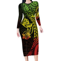 Hawaiian Manta Ray and Hammerhead Shark Tribal Tattoo Family Matching Long Sleeve Bodycon Dress and Hawaiian Shirt with Polynesian Tribal Pattern Reggae Style LT03 Mom's Dress Multicolor - Polynesian Pride