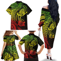 Hawaiian Manta Ray and Hammerhead Shark Tribal Tattoo Family Matching Off The Shoulder Long Sleeve Dress and Hawaiian Shirt with Polynesian Tribal Pattern Reggae Style LT03 - Polynesian Pride