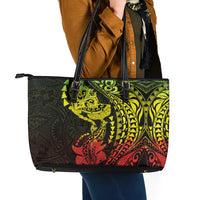Hawaiian Manta Ray and Hammerhead Shark Tribal Tattoo Leather Tote Bag with Polynesian Tribal Pattern Reggae Style