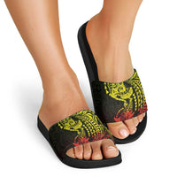 Hawaiian Manta Ray and Hammerhead Shark Tribal Tattoo Slide Sandals with Polynesian Tribal Pattern Reggae Style