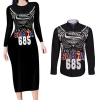 Super Samoa-Six Eight Five to The World Couples Matching Long Sleeve Bodycon Dress and Long Sleeve Button Shirt Traditional Samoan Tattoo Black Color LT03 Black - Polynesian Pride