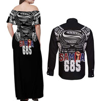 Super Samoa-Six Eight Five to The World Couples Matching Off Shoulder Maxi Dress and Long Sleeve Button Shirt Traditional Samoan Tattoo Black Color LT03 - Polynesian Pride