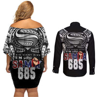 Super Samoa-Six Eight Five to The World Couples Matching Off Shoulder Short Dress and Long Sleeve Button Shirt Traditional Samoan Tattoo Black Color LT03 - Polynesian Pride