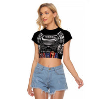 Super Samoa-Six Eight Five to The World Raglan Cropped T Shirt Traditional Samoan Tattoo Black Color