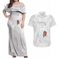Super Samoa-Six Eight Five to The World Couples Matching Off Shoulder Maxi Dress and Hawaiian Shirt Traditional Samoan Tattoo All White LT03 White - Polynesian Pride