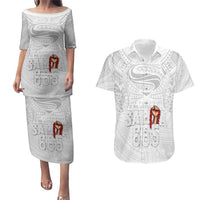 Super Samoa-Six Eight Five to The World Couples Matching Puletasi and Hawaiian Shirt Traditional Samoan Tattoo All White LT03 White - Polynesian Pride