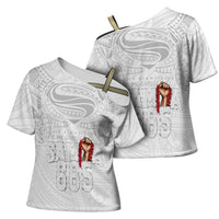 Super Samoa-Six Eight Five to The World Cross Shoulder Shirt Traditional Samoan Tattoo All White