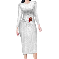 Super Samoa-Six Eight Five to The World Family Matching Long Sleeve Bodycon Dress and Hawaiian Shirt Traditional Samoan Tattoo All White LT03 Mom's Dress White - Polynesian Pride