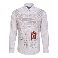 Super Samoa-Six Eight Five to The World Long Sleeve Button Shirt Traditional Samoan Tattoo All White