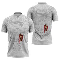 Super Samoa-Six Eight Five to The World Zipper Polo Shirt Traditional Samoan Tattoo All White
