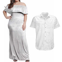 Lotu Tamaiti Samoan Art Tattoo Siapo Pattern Couples Matching Off Shoulder Maxi Dress and Hawaiian Shirt LT03 White - Polynesian Pride
