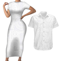 Lotu Tamaiti Samoan Art Tattoo Siapo Pattern Couples Matching Short Sleeve Bodycon Dress and Hawaiian Shirt LT03 White - Polynesian Pride