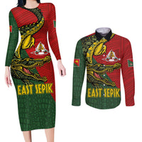 Sepik River Crocodile & Arts Festival Melanesian Pattern Couples Matching Long Sleeve Bodycon Dress and Long Sleeve Button Shirt LT03 Red - Polynesian Pride