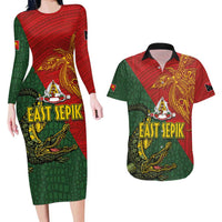 Sepik River Crocodile & Arts Festival Couples Matching Long Sleeve Bodycon Dress and Hawaiian Shirt Bird-of-paradise Melanesian Tattoo LT03 Red - Polynesian Pride