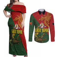 Sepik River Crocodile & Arts Festival Couples Matching Off Shoulder Maxi Dress and Long Sleeve Button Shirt Bird-of-paradise Melanesian Tattoo LT03 Red - Polynesian Pride