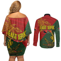 Sepik River Crocodile & Arts Festival Couples Matching Off Shoulder Short Dress and Long Sleeve Button Shirt Bird-of-paradise Melanesian Tattoo LT03 - Polynesian Pride