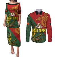 Sepik River Crocodile & Arts Festival Couples Matching Puletasi and Long Sleeve Button Shirt Bird-of-paradise Melanesian Tattoo LT03 Red - Polynesian Pride
