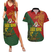 Sepik River Crocodile & Arts Festival Couples Matching Summer Maxi Dress and Hawaiian Shirt Bird-of-paradise Melanesian Tattoo LT03 Red - Polynesian Pride