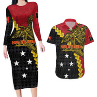 Papua New Guinea Independence Day Couples Matching Long Sleeve Bodycon Dress and Hawaiian Shirt Bird-of-paradise Melanesian Tattoo LT03 Red - Polynesian Pride