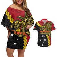 Papua New Guinea Independence Day Couples Matching Off Shoulder Short Dress and Hawaiian Shirt Bird-of-paradise Melanesian Tattoo LT03 Red - Polynesian Pride