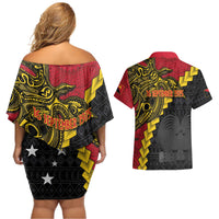 Papua New Guinea Independence Day Couples Matching Off Shoulder Short Dress and Hawaiian Shirt Bird-of-paradise Melanesian Tattoo LT03 - Polynesian Pride