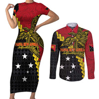 Papua New Guinea Independence Day Couples Matching Short Sleeve Bodycon Dress and Long Sleeve Button Shirt Bird-of-paradise Melanesian Tattoo LT03 Red - Polynesian Pride