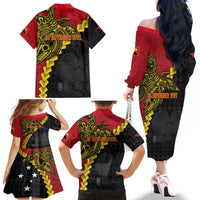 Papua New Guinea Independence Day Family Matching Off The Shoulder Long Sleeve Dress and Hawaiian Shirt Bird-of-paradise Melanesian Tattoo LT03 - Polynesian Pride