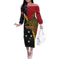 Papua New Guinea Independence Day Family Matching Off The Shoulder Long Sleeve Dress and Hawaiian Shirt Bird-of-paradise Melanesian Tattoo LT03 Mom's Dress Red - Polynesian Pride