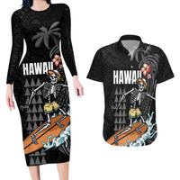 Hawaiian Halloween Skeleton Surfing Couples Matching Long Sleeve Bodycon Dress and Hawaiian Shirt Polynesian Tribal Tattoo and Hawaiian Pattern LT03 Black - Polynesian Pride