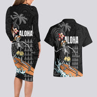 Hawaiian Halloween Skeleton Surfing Couples Matching Long Sleeve Bodycon Dress and Hawaiian Shirt Polynesian Tribal Tattoo and Hawaiian Pattern LT03 - Polynesian Pride