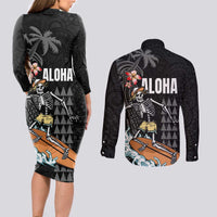 Hawaiian Halloween Skeleton Surfing Couples Matching Long Sleeve Bodycon Dress and Long Sleeve Button Shirt Polynesian Tribal Tattoo and Hawaiian Pattern