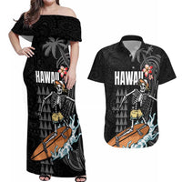 Hawaiian Halloween Skeleton Surfing Couples Matching Off Shoulder Maxi Dress and Hawaiian Shirt Polynesian Tribal Tattoo and Hawaiian Pattern LT03 Black - Polynesian Pride
