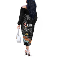 Hawaiian Halloween Skeleton Surfing Off The Shoulder Long Sleeve Dress Polynesian Tribal Tattoo and Hawaiian Pattern LT03 - Polynesian Pride