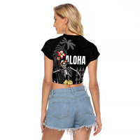 Hawaiian Halloween Skeleton Surfing Raglan Cropped T Shirt Polynesian Tribal Tattoo and Hawaiian Pattern