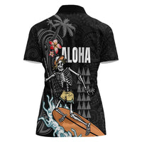 Hawaiian Halloween Skeleton Surfing Women Polo Shirt Polynesian Tribal Tattoo and Hawaiian Pattern