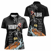 Hawaiian Halloween Skeleton Surfing Women Polo Shirt Polynesian Tribal Tattoo and Hawaiian Pattern
