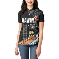 Hawaiian Halloween Skeleton Surfing Women Polo Shirt Polynesian Tribal Tattoo and Hawaiian Pattern