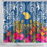 Hawaii Lanai Island Shower Curtain Hibiscus Turle and Map with Polynesian Spiral LT03 - Polynesian Pride